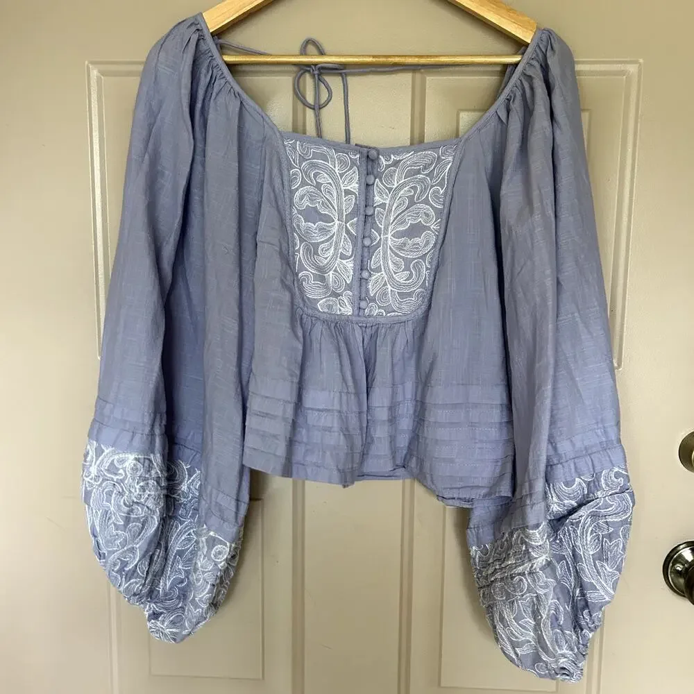 By anthropologie Lace Lavender Babydoll Puff Sleeves Tie Back Boho Blouse L